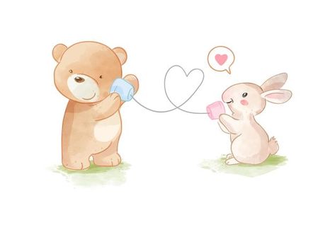 Cute bear and rabbit playing on cup phon... | Premium Vector #Freepik #vector #watercolor #heart #cartoon #animals Walking Illustration, Phone Illustration, Bear And Rabbit, Bear And Bunny, Crown Illustration, Memo Pad Design, Baby Room Inspiration, Bear Illustration, Memo Pads