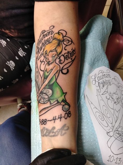 Tinker Bell Memorial Arm Tattoo by Jesse from La Rue Tattoo. #tinkerbelltattoo #tinkerbell #memorialtattoo #laruetattoo #Disney #PeterPan Tinkerbell Memorial Tattoo, Rue Tattoo, Tinkerbell Tattoo, Bell Tattoo, Tinkerbell Characters, Tinker Bell Tattoo, Memorial Tattoo, Tinker Bell, S Tattoo