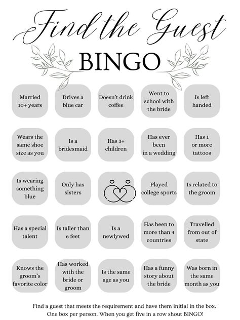 Use this bingo game as a way to allow guests to interact and engage during your special day. Download and print for a special wedding or rehearsal dinner activity for your guests.  Want a bingo card in a custom color scheme? Contact us! Unique Wedding Games For Guests, Wedding Guest Game, Wedding Things To Do For Guests, Wedding Dinner Games, Wedding Guest Bingo, Wedding Game Ideas Activities, Wedding Bingo Game, Cheap Fun Wedding Ideas, Things I Want At My Wedding