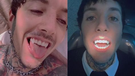 So, Bring Me The Horizon's Oli Sykes has got permanent vampire fangs now | Louder Canine Tooth, Oli Sykes, Oliver Sykes, Vampire Fangs, Vampire Teeth, Dental Procedures, Face Tattoos, Bring Me The Horizon, Dental Practice