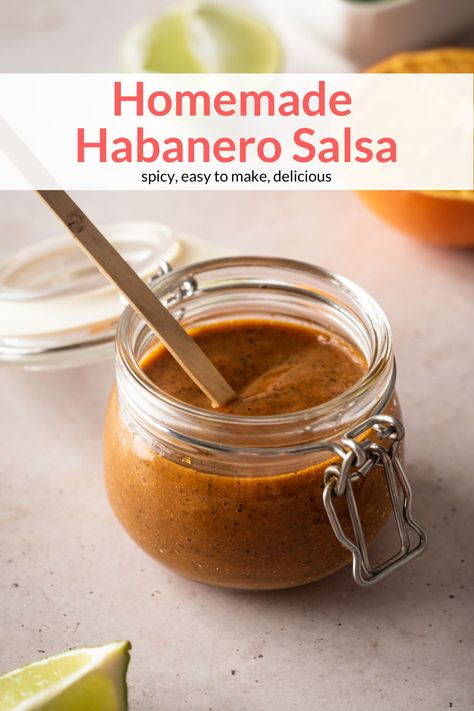 This is the ultimate salsa for anyone who loves spice! Made with roasted habanero peppers, garlic, tomatoes, and citrus, this salsa is easy to make and so good! #condiment #freezerfriendly #makeahead #quickandeasy #habanerosauce #habanerohotsauce Homemade Habanero Salsa, Roasted Habanero Hot Sauce, Habernos Salsa, Habenero Recipes Salsa, Habernos Recipes, What To Do With Habanero Peppers, Habanero Salsa Canning, Hot Salsa Recipes, Habanero Sauce Recipe