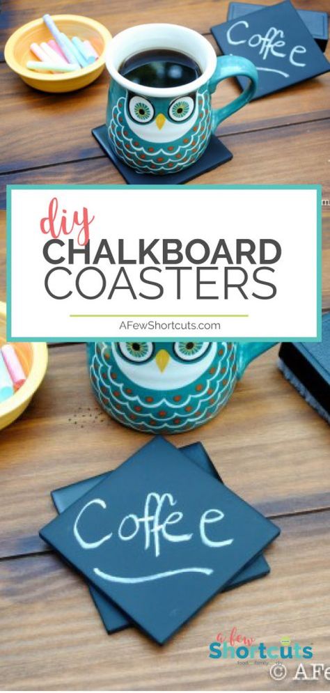 Simple and cheap to make, and fun to give as a gift! Check out these DIY Chalkboard Coasters. A super craft for a coffee lover! | @AFewShortcuts #diy #craft #coffee #homemadegift Coffee Crafts Handmade Gifts, Craft Ideas To Sell, Homemade Teacher Gifts, Ideas To Sell, Dyi Gifts, Pinterest Crafts, Creative Diy Gifts, Coffee Theme, Diy Chalkboard