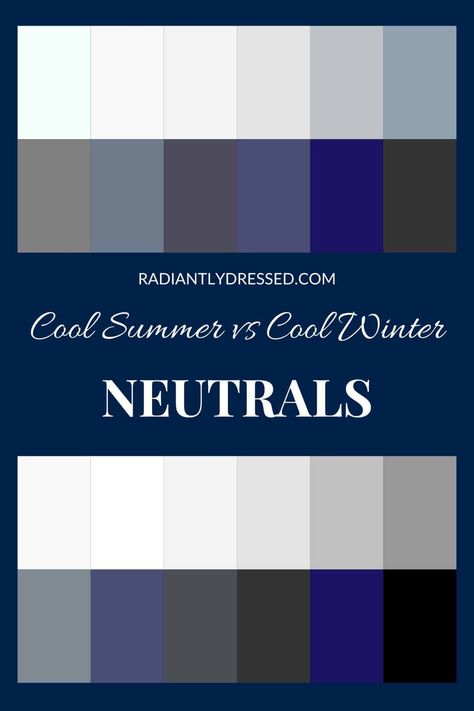 Are you a Cool Summer or a Cool Winter? Dive into the distinct differences between these color seasons and how they can dramatically enhance your natural beauty. Learn to identify your color season with specific tests, understand the significant impact of selecting the right hues, and choose the best neutrals for your skin tone. Embrace the transformative power of aligning your wardrobe with your true colors and boost your confidence effortlessly! Radiantly Dressed, Color Analysis Winter, Color Analysis Summer, Radiant Woman, Winter Neutrals, Color Seasons, Summer Coloring, Clear Winter, Cool Skin Tone