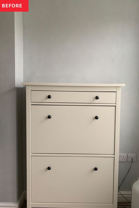 See a plain white IKEA HEMNES shoe cabinet transform into a patterned entryway piece thanks to a stencil & paint. Ikea Headboard Hack, Ikea Hemnes Shoe, Ikea Hemnes Shoe Cabinet, Hemnes Shoe Cabinet, Ikea Shoe Cabinet, Stencil Paint, Ikea Shoe, Malm Dresser, What Could Have Been