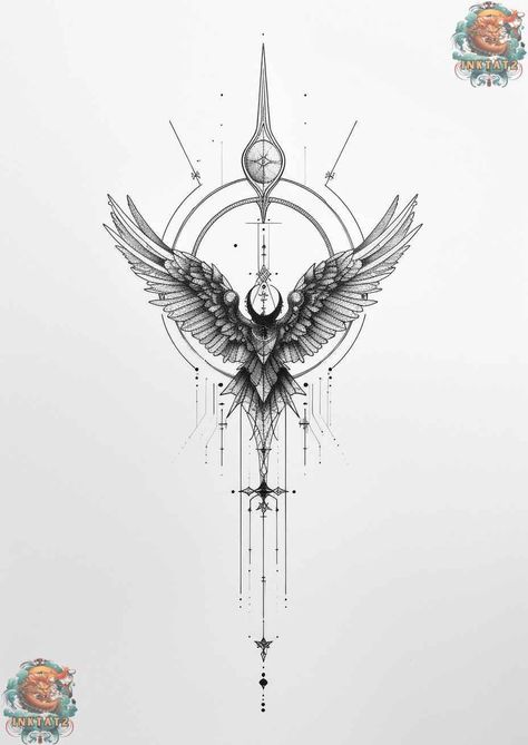 Angel Tattoo With Words, Minimalistic Angel Tattoo, Geometric Angel Tattoo, Back Tattoo Designs Men, Fallen Angel Tattoo Designs, Angel Tattoo Designs For Men, Angels Tattoo Designs, Spiritual Tattoos For Men, Guardian Angel Tattoo For Men