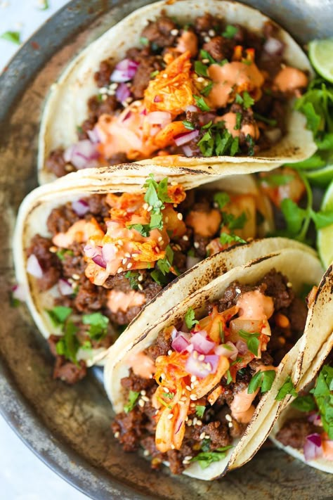 Korean Beef Tacos Korean Steak Tacos, Korean Bbq Ground Beef, Beef Bulgogi Tacos, Korean Food Recipes Easy, Fancy Tacos, Bbq Ground Beef, Bulgogi Tacos, Asian Tacos, Korean Beef Tacos