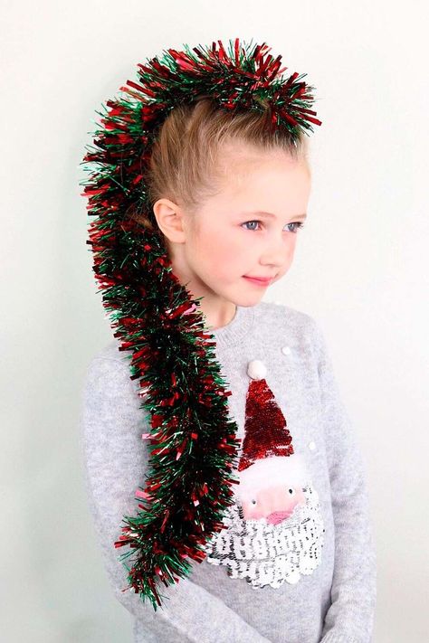 Crazy Christmas Hairstyles For Boys, Christmas Hair Tinsel, Tinsel Braids, Christmas Braids, Crazy Christmas Hairstyles, Christmas Hairstyles For Kids, Grinch Costume, Holiday Hairstyles Easy, Christmas Tree Hair