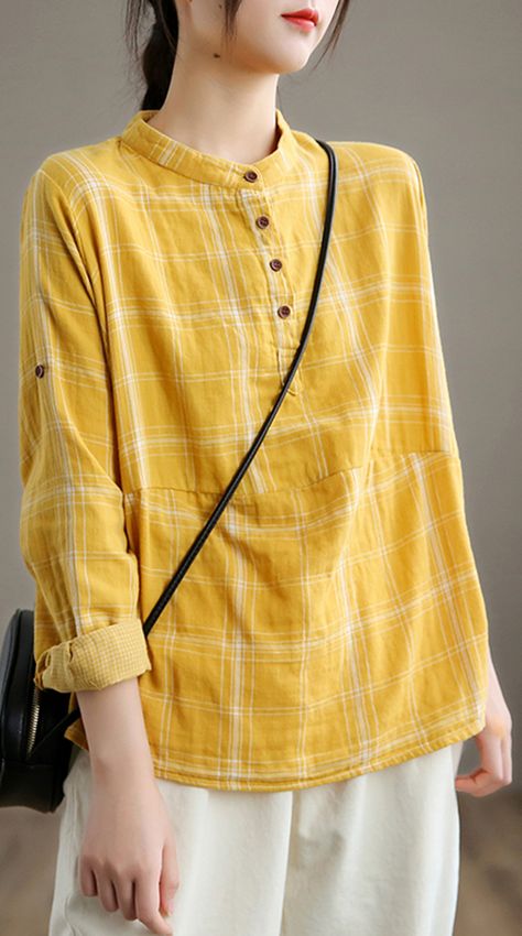 Beautiful Yellow Cotton Shirt Top Casual Style Yellow Cotton Top With Casual Collar, Yellow Cotton Shirt For Summer, Yellow Casual Shirt With All Over Print, Trendy Yellow Cotton Shirt, Cotton Shirts Women Casual, Yellow Shirt Outfit Women, Casual Yellow Patchwork Shirt, Yellow Shirt Outfit, Women Tops Design