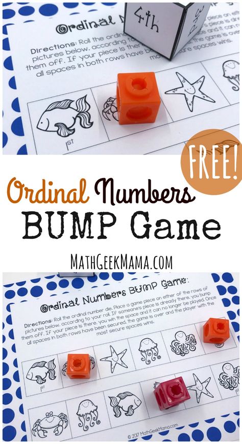 Ordinal Numbers Game! A fun math activity for first grade kids during math centers! #mathcenters #firstgrade Ordinal Numbers Activities Kindergarten, Ordinal Numbers Kindergarten, Number Games Kindergarten, Easy Math Games, Number Worksheets Kindergarten, Numeracy Activities, Free Printable Math Worksheets, Ordinal Numbers, Numbers Game