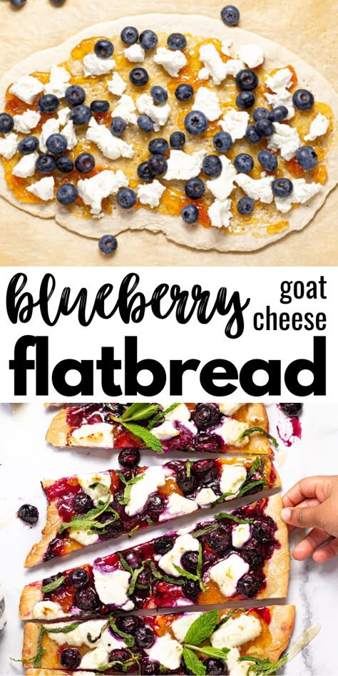 This delicious fruit-forward blueberry flatbread is loaded with apricot jam, creamy goat cheese, sweet honey, and fresh mint. It’s the perfect vegetarian appetizer or dessert to use up those fresh, ripe blueberries this summer! Flatbread Dessert Recipes, Sweet Flatbread Recipes, Dessert Flatbread Recipes, Dessert Flatbread, Goat Cheese Flat Bread, Blueberry Flatbread, Blueberry Flatbread With Goat Cheese, Apple And Goat Cheese Flatbread, Pear And Blue Cheese Flatbread