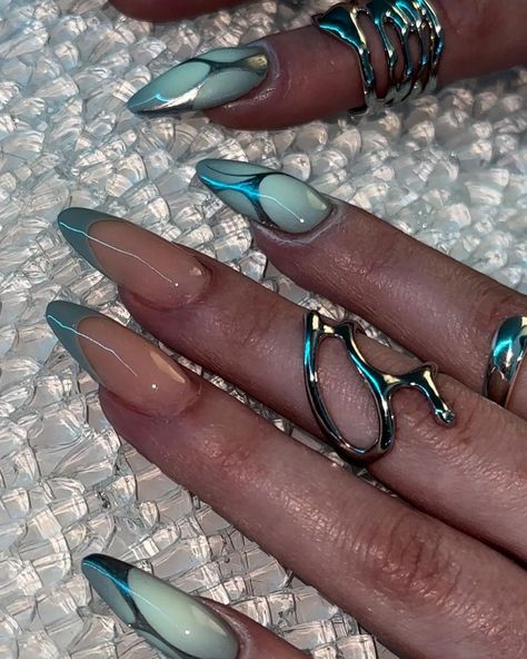 Nail Design Gold, Little Mermaid Nails, Aqua Nails, 3d Nail Designs, Teal Nails, Edgy Nails, Purple Nail, Mermaid Nails, Almond Acrylic Nails