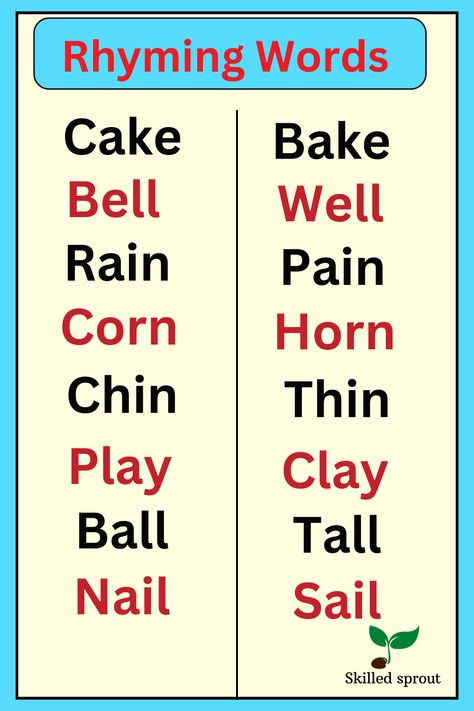 Rhyming words for Kids. Check out the link. Rhyming Words For Kindergarten, English Rhymes For Kids, Rhyming Words For Kids, Kindergarten Rhyming, Grade 2 English, Words For Kindergarten, Rhyming Pairs, English Rhymes, English Collocations