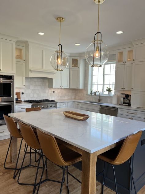 Two Toned Island Kitchen, Two Toned Kitchen Island, Two Tone Island, Finished Basement Bars, Square Island, Custom Island, Two Tone Cabinets, Kitchen Peninsula, Craftsman Kitchen