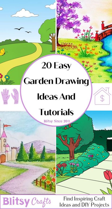 20 Easy Garden Drawing Ideas - How to Draw a Garden Garden Theme Drawing, Drawing Garden Easy, How To Draw A Garden Step By Step, Flower Garden Drawing Easy, Easy Garden Drawing, Flower Garden Sketch, Garden Drawing For Kids, Landscape Sketch Easy, Garden Painting Easy