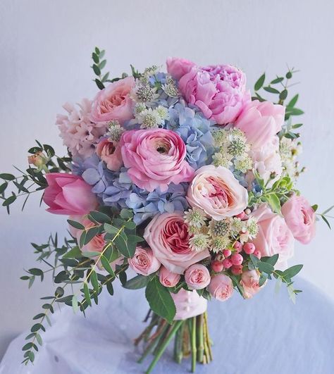 Flowers That Go With Blue Dresses, Pink Purple Blue Wedding Bouquet, Dance Flowers, Prom Bouquet, Bridal Bouquet Flowers, Boquette Flowers, Prom Flowers, Wedding Palette, Pink And Blue Flowers