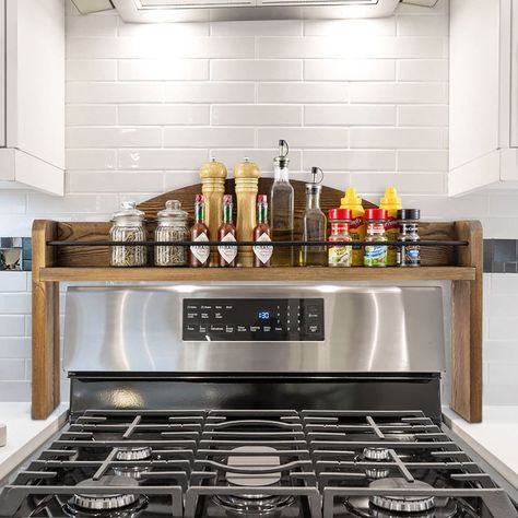 Burnt Wood and Black Metal Wire Bar Stove Top Spice Rack, Space Saving Over Oven Range Stovetop Storage Display Shelf-MyGift Top Of Stove Shelf, Under Counter Spice Rack, Shelf For Kitchen Counter, Small Shelf Over Stove, Simple Kitchen Storage Ideas, Above Sink Storage Kitchen, Over The Stove Shelf Ideas, Efficient Kitchen Storage, Above Stove Spice Shelf