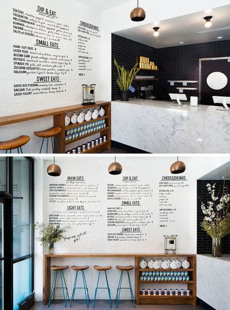 In this small modern restaurant, black subway tiles and a large marble counter create a sophisticated look, while the handwritten menu on the white wall and the natural look of the stools and counter gives the space a casual vibe. Black Subway Tiles, Small Restaurant Design, Café Design, Decoration Vitrine, Menu Boards, Coffee Shops Interior, Marble Counter, Modern Restaurant, Coffee Shop Design