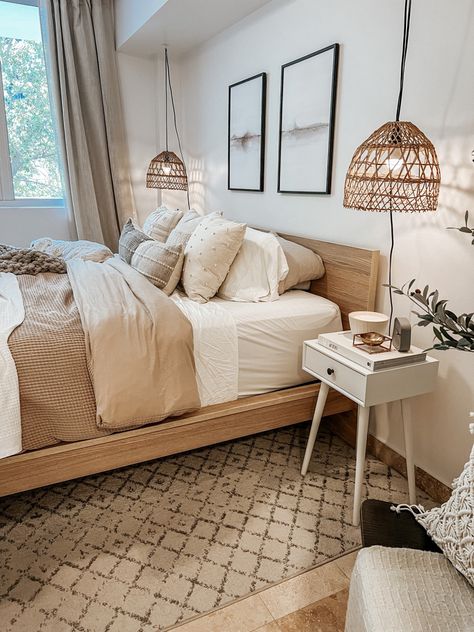 Affordable rattan pendant lights in neutral bedroom White And Brown Bedroom, Light Brown Bedrooms, Tan Bedroom, Beige Bedroom Decor, Neutral Bedroom Decor, Brown Rooms, Warm Bedroom, Neutral Bedrooms, Calming Bedroom