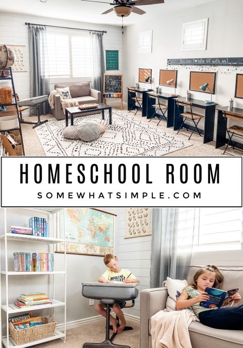 Homeschool Room Set Ups, Homeschool Room Ideas Basement, Play And Homeschool Room, No Homeschool Room, Classy Homeschool Room, Homeschool Accent Wall, Basement Homeschool Space, Tiny School Room, School Room Ideas Homeschooling