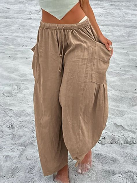 Patch Pockets Pleated Flowy Wide Leg Pants One Shoulder Dress Long, Cotton Linen Trousers, Flowy Wide Leg Pants, Linen Harem Pants, Rush Dresses, Harem Pants Women, Dress Bra, Linen Trousers, Going Out Dresses