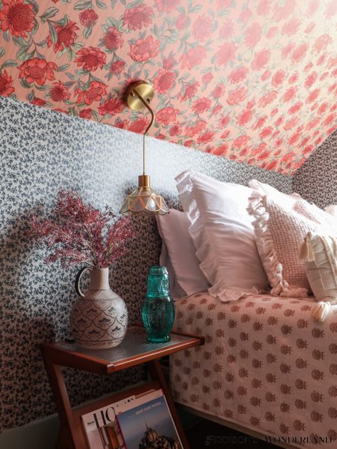 Guestroom-Cute-Colorful-Cozy-Pattern-Fun-Inviting-French-Decor-Wallpaper Addison Wonderland, Cottage Guest Bedroom, Cozy English Cottage, Edit Pictures, Bedroom Reveal, Rattan Lamp, Mirror Lamp, English Cottage, French Decor