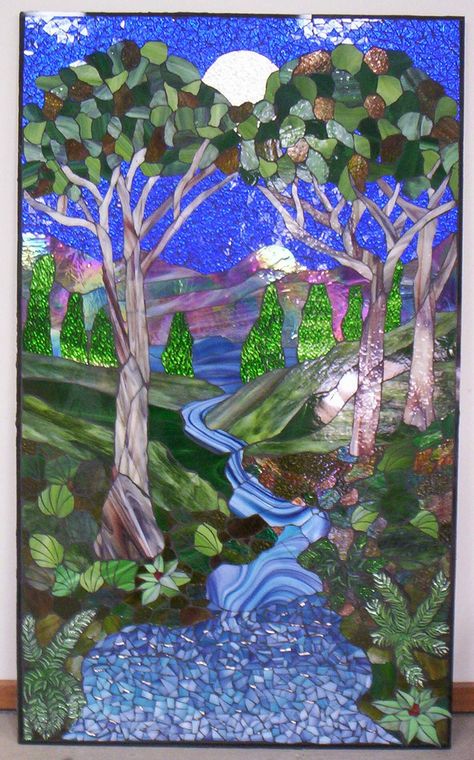 Moon River | Mosaicworks River Mosaic, Landscape Mosaic, Moon River, Stained Glass Mosaic, Mosaic Art, Mosaic Glass, Art Style, Stained Glass, Projects To Try