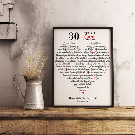 30 Things I Love About You PRINTABLE, CUSTOM Gift, Reasons I Love About, 30th Birthday, 30 Birhday Gift For Her Him, 30 Reasons We Love You https://etsy.me/3uFas2O #white #birthdaygift #Etsy #entryway #phrasesaying #personalisedgift #printablewallart #giftfor30th Reasons I Love You, Birthday 30, Wife Gift, 30th Birthday, Gifts For Wife, Our Love, Customized Gifts, Oats, Things I Love