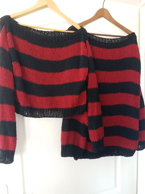 "Hand knitted grunge sweater with long sleeves and red and black stripes. Chunky knitted oversized fitted jumper. Perfect for casual and everyday usage; will go perfectly with jeans, leggings and may combine easily with many colors, especially with all blacks. Material: 100& acrylic yarns This is a handknitted \"made to order\" sweater so feel free to message me for different color combinations." Red And Black Striped Shirt, Red And Black Striped Sweater, 90s Style Grunge, Grunge Jumper, Red And Black Sweater, Grunge Sweater, Red And Black Outfits, Punk Style Outfits, Punk Shirt