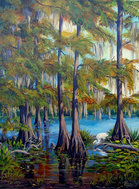 Lake Norris Cypress by Sharon Repple, Acrylic, 24 x 18 Swamp Art, Cypress Swamp, Louisiana Art, Big Town, Daycare Ideas, Cypress Trees, Tree Tattoo, Paintings & Prints, Pictures To Paint