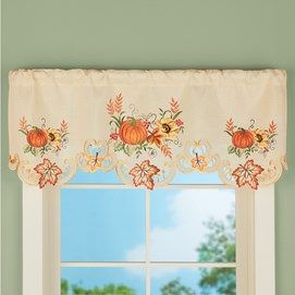 Seasonal Decorations and Solutions | Collections Etc. Fall Curtains, Embroidered Curtains, Embroidered Pumpkin, Valance Window Treatments, Sun Shine, Elegant Embroidery, Fall Kitchen, Collections Etc, Harvest Decorations