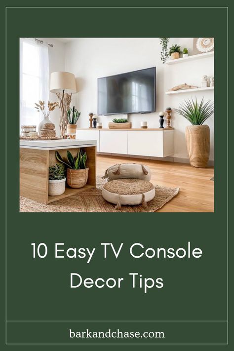 Ready to transform your TV console from drab to fab? Check out these 10 easy décor ideas that will make your TV stand the star of your living room! From stylish decorative elements to smart organization tricks, we’ve got you covered. Perfect for adding personality without breaking the bank. Find ways to mix colors, textures, and functional items. Elevate your space with our unique tips that are sure to impress family and friends. Embrace creativity and style to freshen up your media console now! Credenza Styling Living Room Tv, Tv Bench Decor Ideas, Minimalist Tv Console Decor, Styling Credenza Under Tv, Styling A Console Table Under Tv, Tv Console Decorating Boho, Simple Tv Stand Decor, Styling Under Tv, Styling A Tv Console