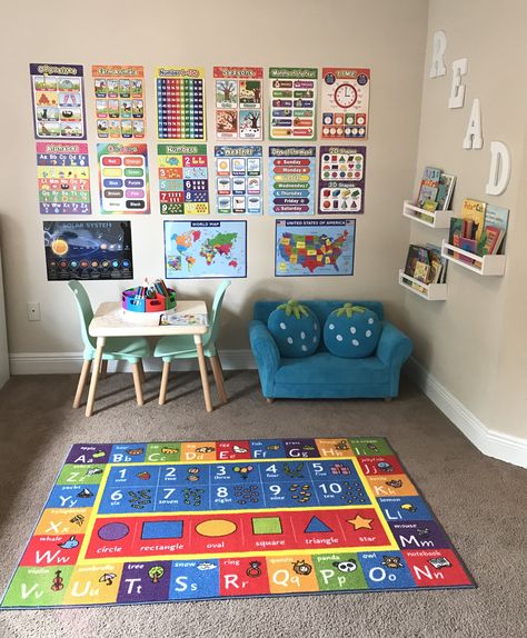 Education Corner At Home, Diy Home Classroom Ideas, School Themed Bedroom, Preschool Homeschool Corner Ideas, Small Room Daycare Set Up, Small Play Room For Kids At Home, Budget Playroom Ideas, Home School Room Ideas For Kids, Learning Room For Toddlers At Home