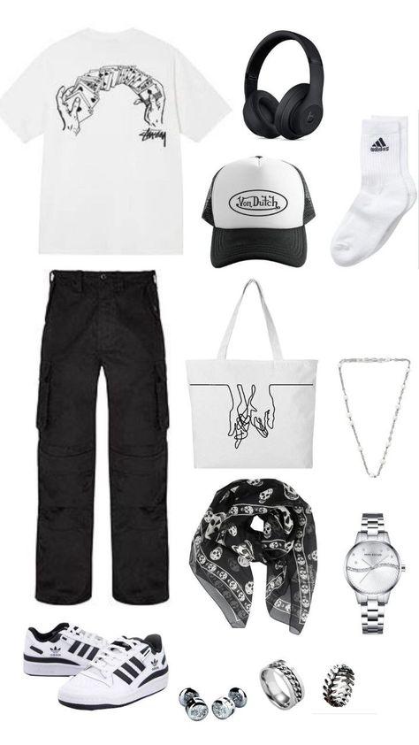 Black And White Graphic Tee Outfit, Adidas Forum Low Outfit Men, Adidas Low Forum, Black Cargo Pants Outfit Men, Von Dutch Cap, Black Cargo Pants Outfit, Adidas Outfit Men, Black Sneakers Outfit, Headphone Outfit