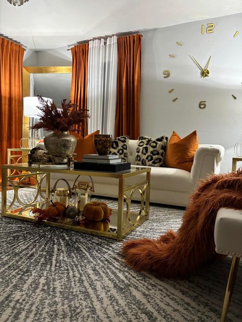 Luxury Aesthetics, Fall Home Decor Ideas, Girl Apartment Decor, Apartment Decorating Living, Elegant Living Room Decor, Fall Living Room, Gold Living Room, Living Room Orange, Apartment Living Room Design