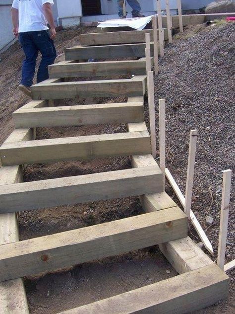 Hillside Stairs, Sloped Backyard Landscaping, Landscape Stairs, Timber Stair, Landscape Steps, Landscape Timbers, Sloped Backyard, Garden Stairs, Outdoor Steps