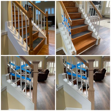 Oak Stair Renovation Replacing Oak Stair Railing, Railing Makeover, Stair Newel Post, Stair Railing Makeover, Oak Handrail, Stair Renovation, Oak Stairs, Floor Stain, Diy Stairs