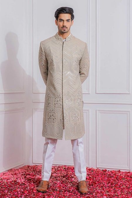 Buy Grey Pure Georgette Embroidered Mirror Sherwani Set For Men by Ankit V Kapoor Online at Aza Fashions. Sherwani For Men Wedding, Wedding Kurta For Men, Groom Dress Men, Off White Pants, Sherwani For Men, Men's Ethnic Wear, Wedding Outfit Men, White Kurta, Western Jacket