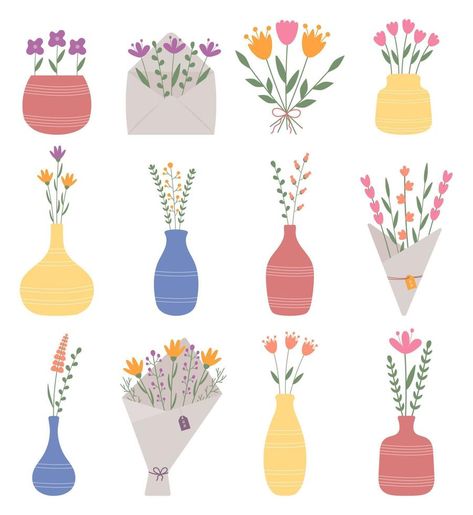 Flowers In Pots Drawing, Pot Illustration, Bouquets For Wedding, Flat Flowers, Flower Bouquet Drawing, Spring Garden Flowers, Happy Women's Day, Floral Doodle, Pot Ceramic