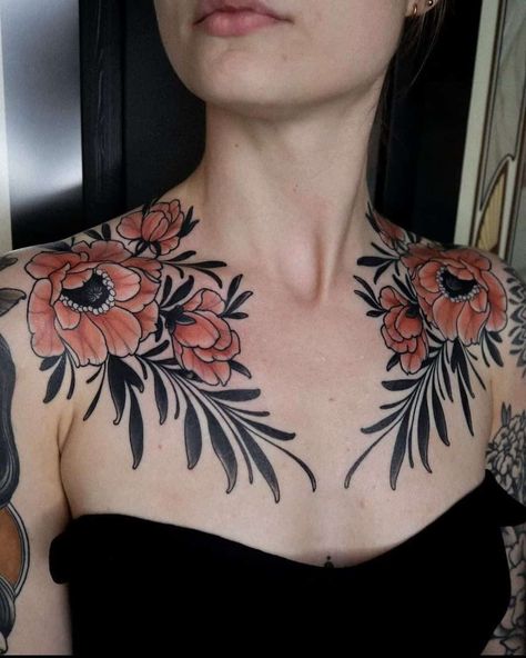 Check more at https://ideatatto.com/female/2081/ Neotraditional Collar Bone Tattoo, Color Flower Shoulder Tattoo, Neotraditional Shoulder Tattoo, Neotraditional Flower Tattoo Black, Poppy Chest Tattoo, American Traditional Back Tattoos Women, Chest Tattoo Female Color, Collarbone Tattoo Flower, Matching Shoulder Tattoos