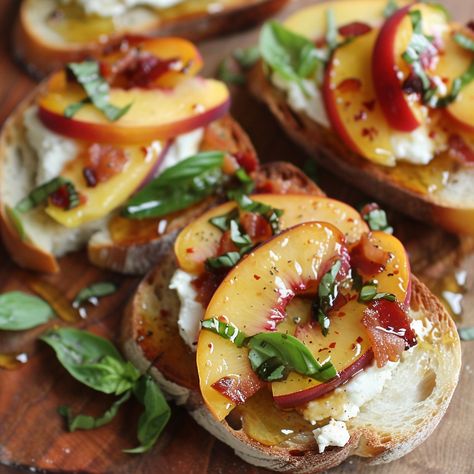 🍑🥓 Enjoy the perfect appetizer: Honey Ricotta Peach Crostini with Crispy Pancetta! 🍑🥓 #GourmetAppetizer #SweetAndSavory Honey Ricotta Peach Crostini with Crispy Pancetta Ingredients: Baguette, sliced (1) Ricotta cheese (1 cup) Honey (2 tbsp) Peaches, sliced (2) Pancetta, crispy (1/2 cup) Olive oil (2 tbsp) Fresh basil, chopped (2 tbsp) Instructions: Toast baguette slices with olive oil until golden. Mix ricotta cheese with honey. Spread ricotta mixture on each baguette slice. Top with pea... Ricotta Toast, Gourmet Appetizers, Lunch Inspiration, Twisted Recipes, Sliced Baguette, Peach Slices, Trending Recipes, Ricotta Cheese, Perfect Appetizers