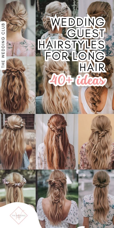 Looking for the best wedding guest hairstyle? Browse our top 40+ stunning ideas for long hair! From sophisticated updos and boho waves to effortless braids and ponytails, this list offers something for every style, hair type, and wedding vibe. Whether you're looking for a romantic, trendy, or classic hairstyle, you'll find a variety of looks that are easy to recreate. Click for tutorials, tips, and inspiration to help you find your perfect wedding guest hairstyle! #longhairweddingguest Hairstyles Ideas For Wedding Guest, Long Hairstyle For Wedding Guest, Easy Haïr Style For Wedding Guest, Wedding Guest Hairstyles Tutorial, Hairstyles For Weddings Guests, Long Hairstyles For Wedding Guest, Hair Styles Wedding Guest, Simple Wedding Guest Hair, Long Hairstyles For Wedding