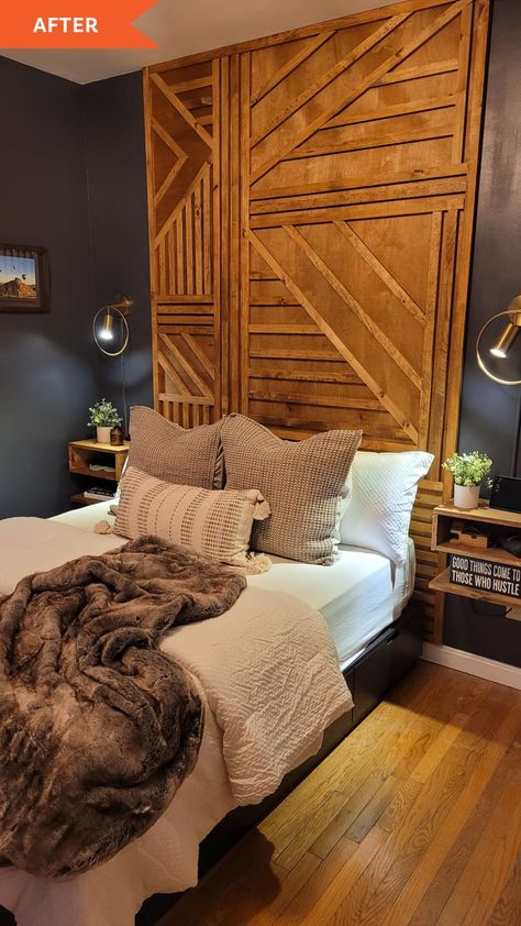 Wooden Headboard To Ceiling, Geometric Wood Headboard, Whole Wall Headboard Ideas, Floor To Ceiling Wood Headboard, Large Wood Headboard, Diy Floor To Ceiling Headboard, Floor To Ceiling Headboard Ideas, Floor To Ceiling Headboard Diy, Tall Wooden Headboard