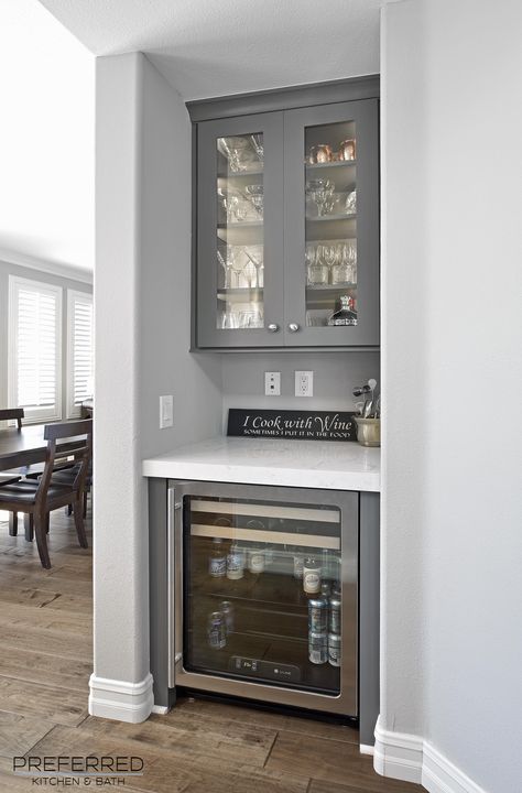 Small Bar Station, Fridge Area Ideas, Small Minibar Ideas, Beverage Station With Wine Fridge, Kitchen Mini Fridge, Beverage Fridge In Dining Room, Compact Bar Ideas For Home, Kitchen Island With Bar Fridge, Kitchen With Beverage Fridge