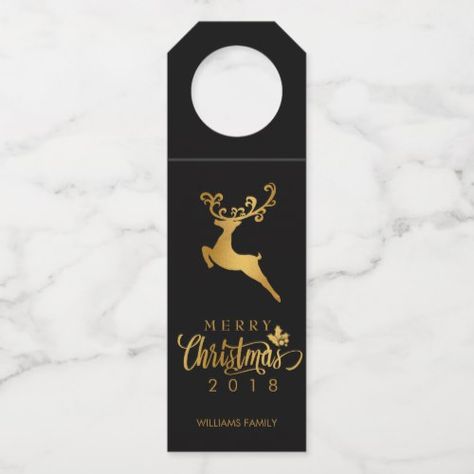 Wine Bottle Gift Tags, Wine Bottle Sleeves, Merry Christmas Black, Bottle Hanger, Bottle Gift Tags, Wine Bottle Topper, Wine Bottle Tags, Gold Reindeer, Christmas Craft Fair