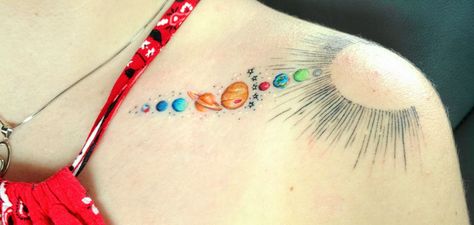 Collarbone solar system tattoo Solar System Tattoo Collar Bone, Solar System Tattoo, Collarbone Tattoo, Planet Tattoos, Collar Bone, Shoulder Tattoo, Solar System, Tattoo Ideas, Hair Wrap