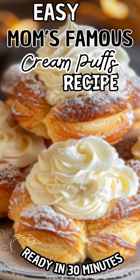 Easy Mom’s Famous Cream Puffs Easy Cream Puffs Recipe, Creamed Horns, Cream Puffs Recipe Best, Quick And Easy Puff Pastry Desserts, Bavarian Cream Puffs, Cream Puff Flavors, Easy Cream Puffs, Italian Cream Puff, Cream Puffs Recipe Easy