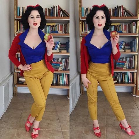 I hope my outfit from today reminds you of a character I'm sure you're all familiar with...I'm loving using my wardrobe to create these Halloween-themed looks.  Top & Pants: @pinupgirlclothing  Cardigan &a Shoes: @modcloth --- --- Search "DORIS TOP", "CARDIGAN" and "MUSTARD TROUSERS" at PinupGirlClothing.com  #coutureforeverybody #pinupgirlclothing #pugdisneybound #pinupparadeinthepark Snow White Disneybound, Disney Cosplay Ideas, Dapper Day Outfits, Disney Dapper Day, Disney Dress Up, Disney Costume, Disney Inspired Fashion, Disneyland Outfits, Disney Bound Outfits