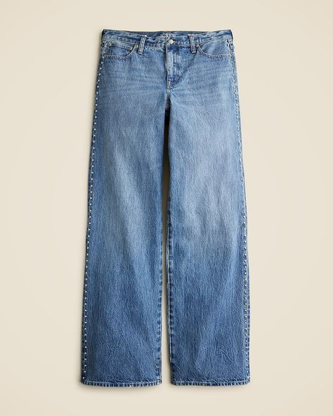 Shop  for the Studded lower-rise wide-leg jean in 1984 rigid for women. Find the best selection of women womens-categories-clothing-denim-wide-leg available in-stores and on line. Style Makeover, Studded Jeans, Wide Jeans, Jcrew Women, Engineered Garments, Suit Shop, Wide Leg Denim, Dream Team, Sweater Shop