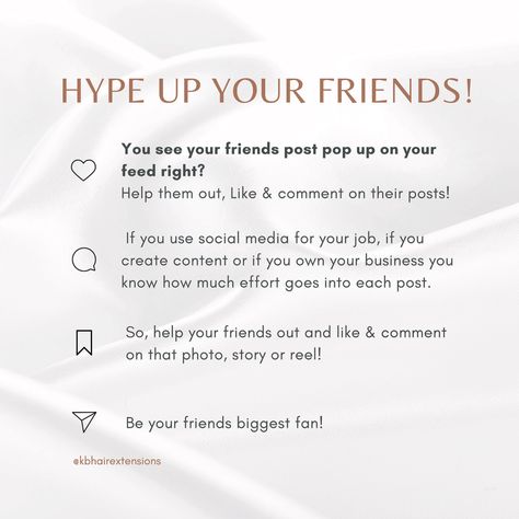 Hype up your friends! ✌🏼 A like and a comment is a small gesture when supporting a friend and their work. Be your friends biggest fan! #supportlocal #supportsmallbusiness #supportsmallbusinesses #hypeupyourfriends #hypeup #businessowner #socialmediatips #socialmedia #socialmediamarketing #engagement #like #comment #beauty #hair #fashion #hairquote #hairextensions Hyping Up Your Best Friend, Instagram Comments Ideas Friends, Instagram Comments Ideas, Supporting A Friend, Instagram Comments, Diy Tray, Hair Quotes, Perfume Tray, Hair Fashion