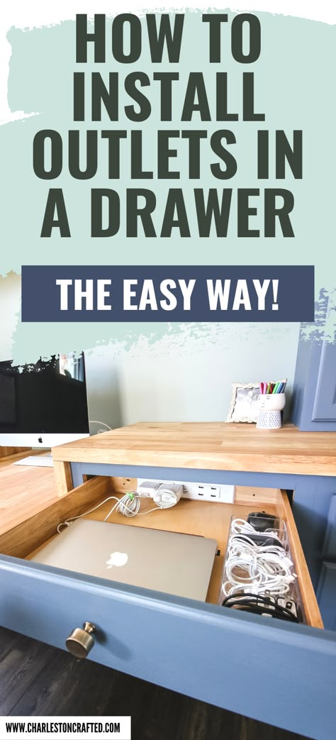 How to install outlets in drawers - Charleston Crafted Outlets In Drawers, Plug In Drawer, Outlet In Drawer Bathroom, Outlet In Countertop, Outlet In Cabinet, In Drawer Outlet, Outlets In Bathroom Drawer, Drawer With Outlet, Adding Electrical Outlets Diy